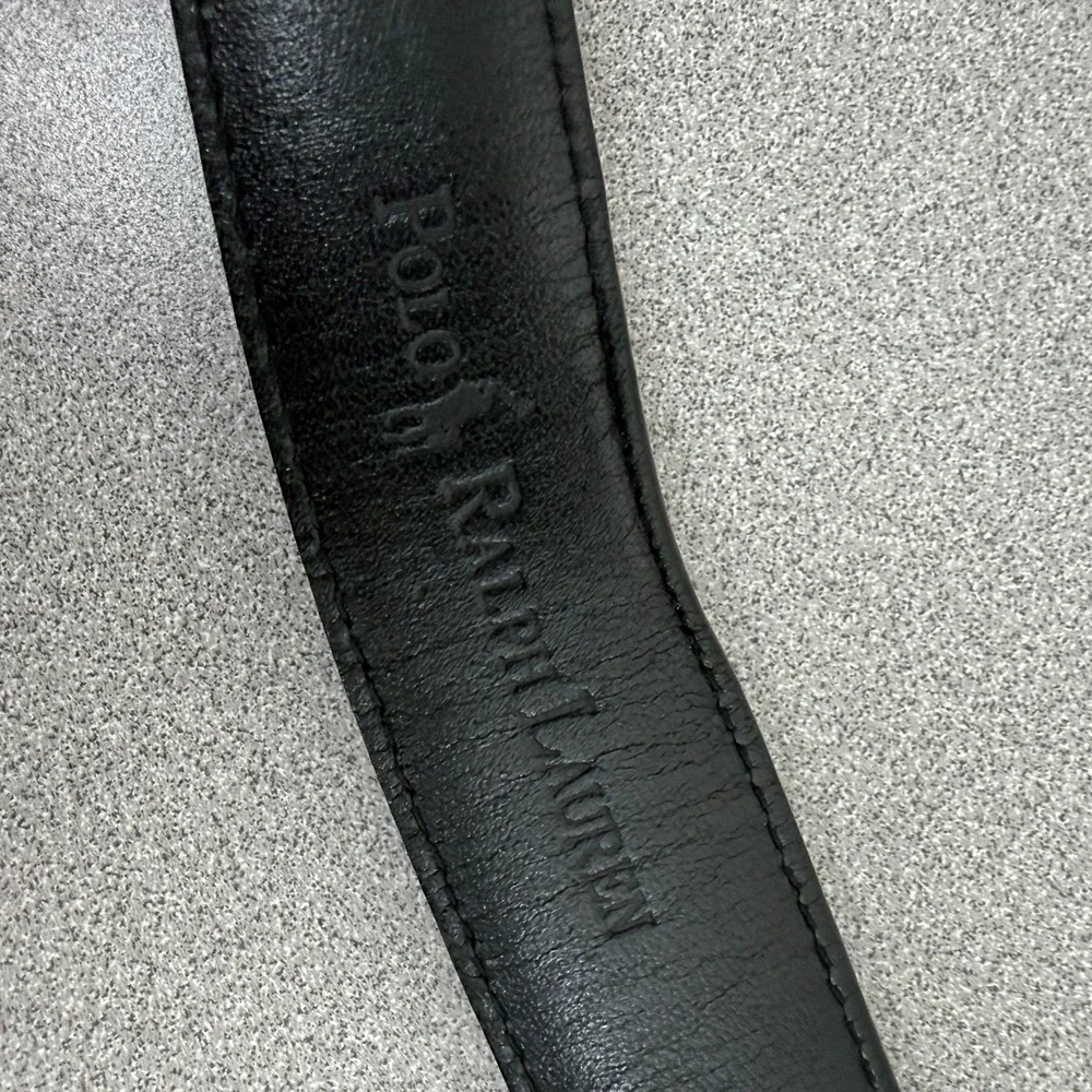 Polo Ralph Lauren Leather Belt 38 Mens Black Silver Buckle Italian Plaque Preppy
